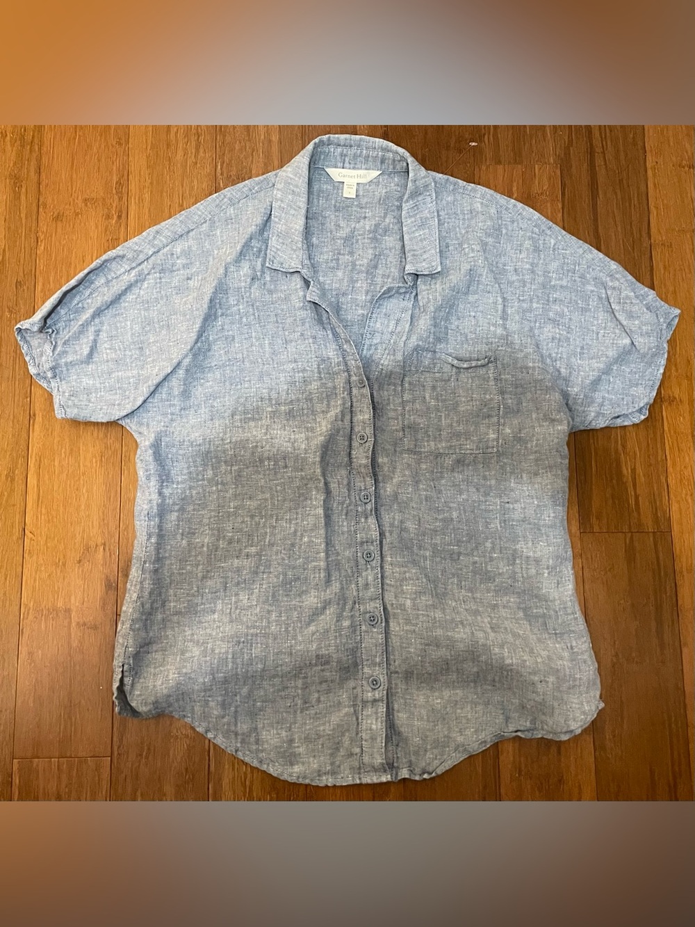 Garnet Hill 100% Linen Blouse Top Button 4 Blue Camp Shirt